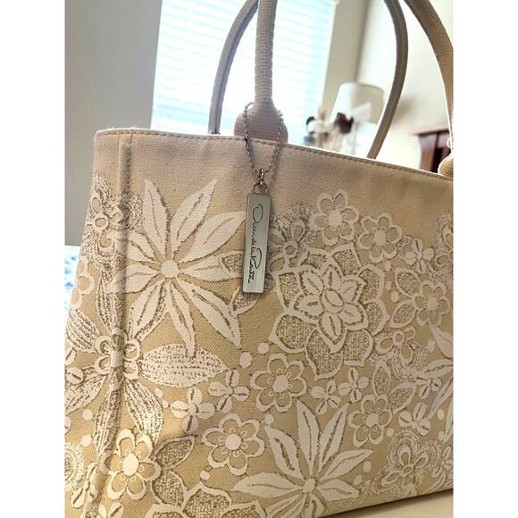 Oscar de la Renta | Floral Lace Cream Canvas Bag Neiman Marcus - Picture 2 of 9